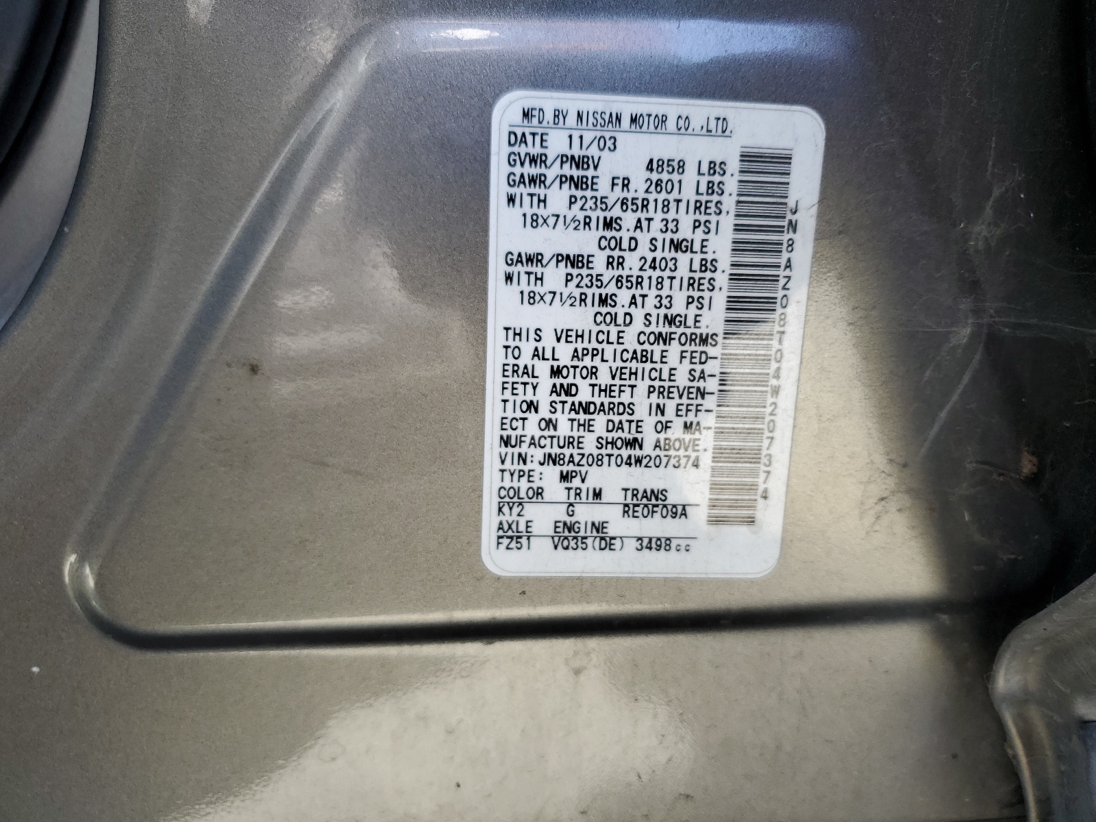 JN8AZ08T04W207374 2004 Nissan Murano Sl