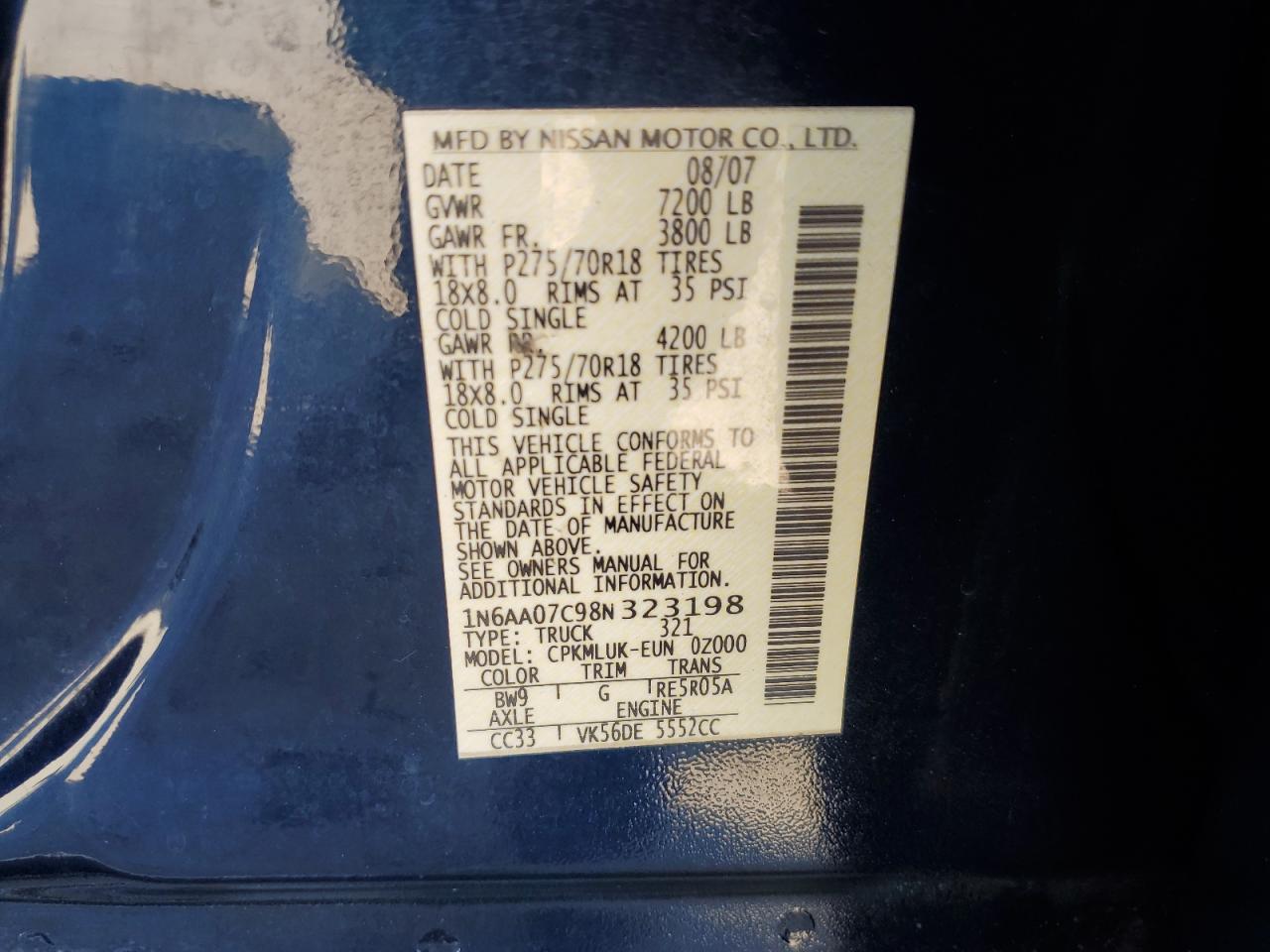 2008 Nissan Titan Xe VIN: 1N6AA07C98N323198 Lot: 68575004