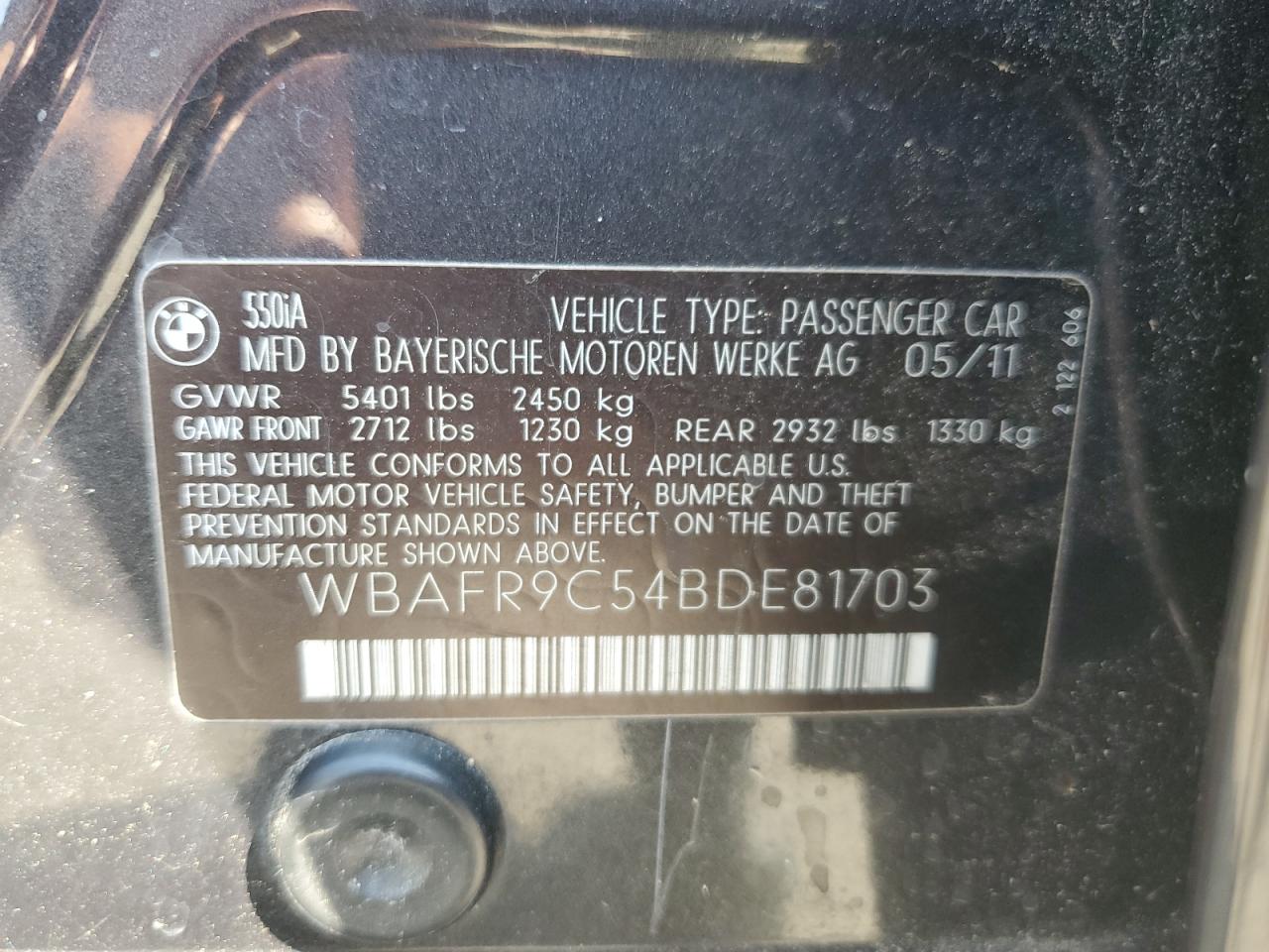 2011 BMW 550 I VIN: WBAFR9C54BDE81703 Lot: 66339654