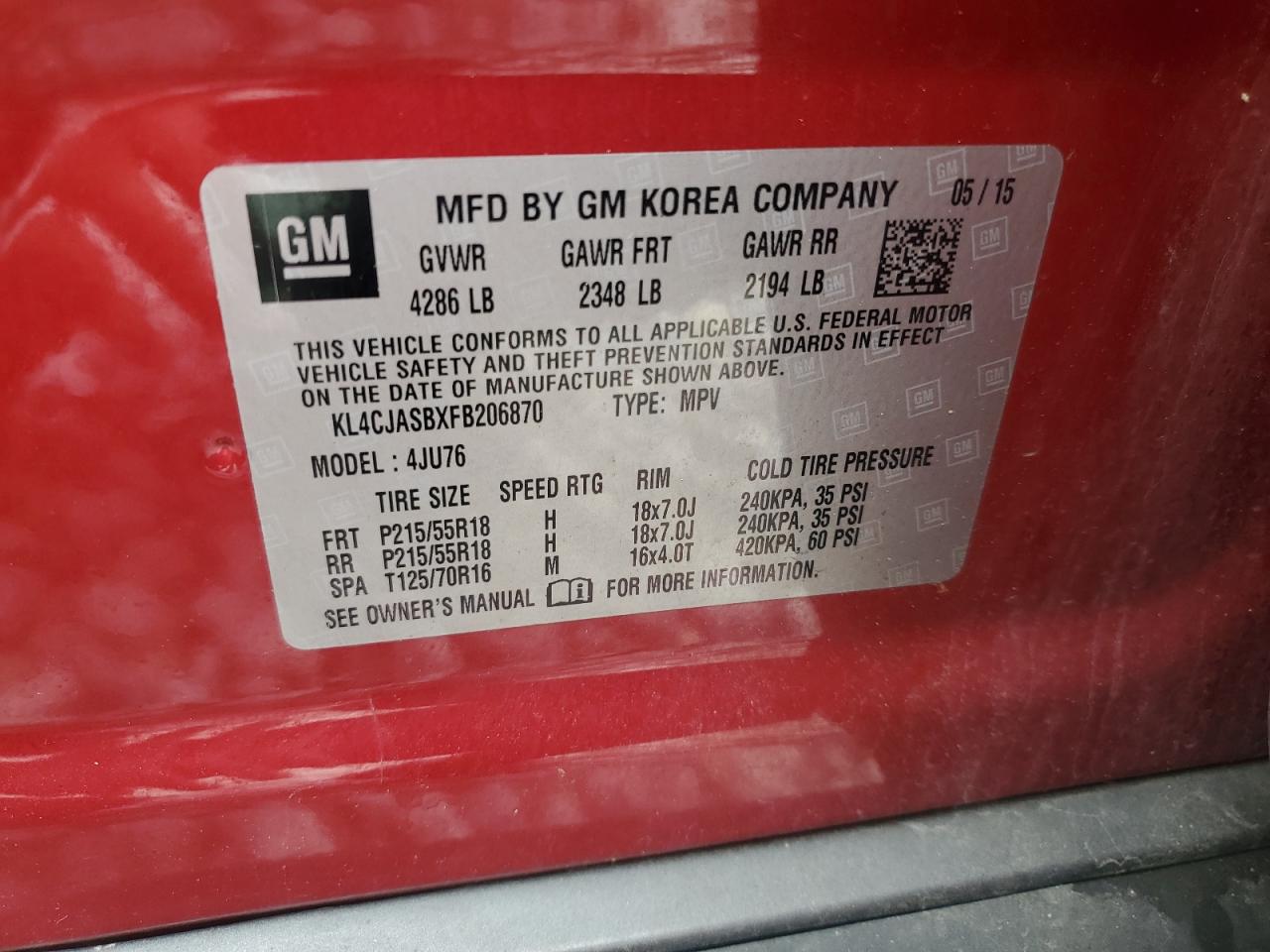 2015 Buick Encore VIN: KL4CJASBXFB206870 Lot: 65700264