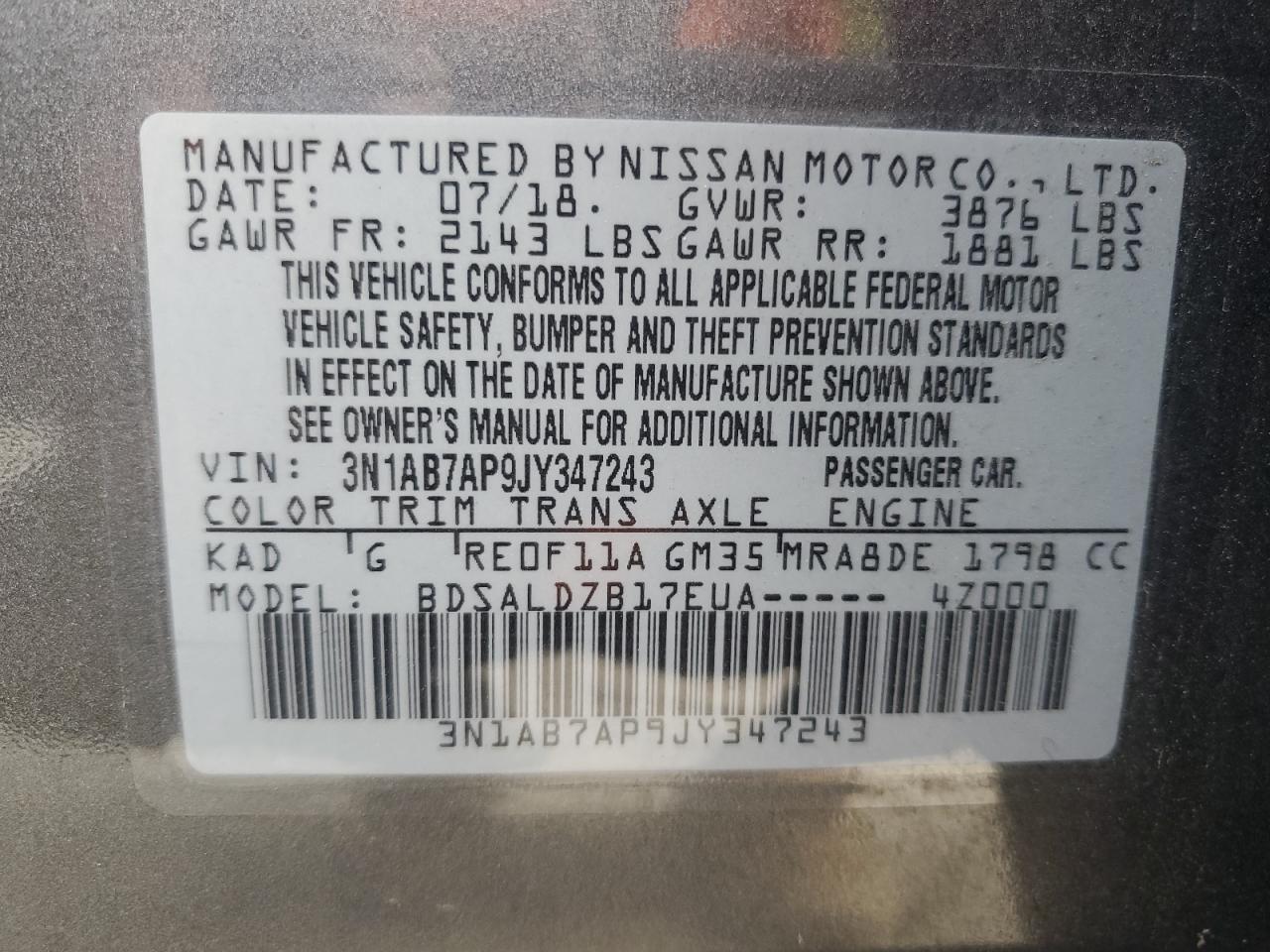 3N1AB7AP9JY347243 2018 Nissan Sentra S