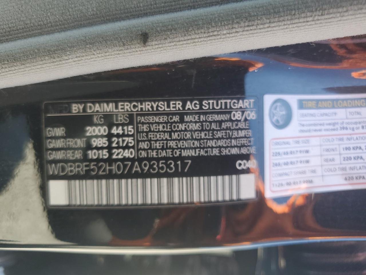 2007 Mercedes-Benz C 230 VIN: WDBRF52H07A935317 Lot: 67005734