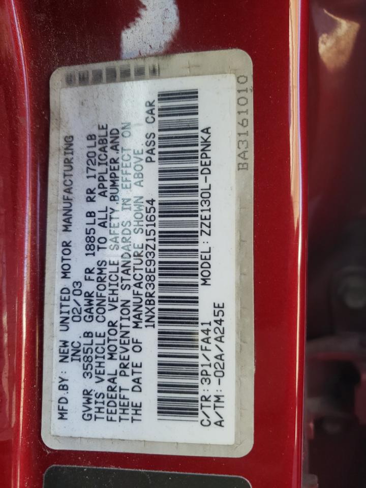 2003 Toyota Corolla Ce VIN: 1NXBR38E93Z151654 Lot: 67605104