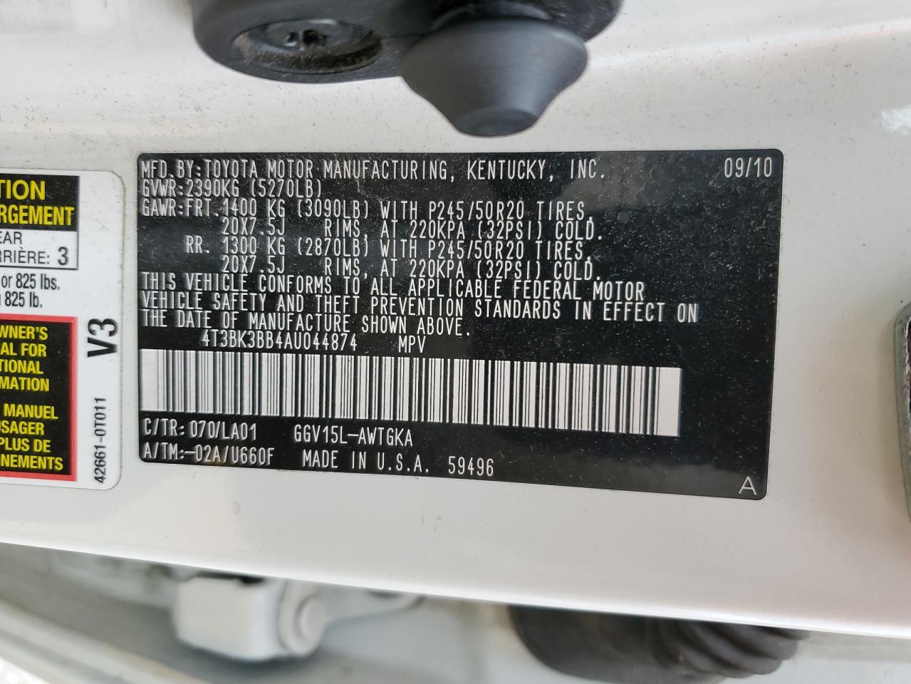 2010 Toyota Venza VIN: 4T3BK3BB4AU044874 Lot: 65845424