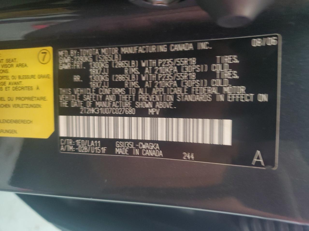 2007 Lexus Rx 350 VIN: 2T2HK31U07C027680 Lot: 65608414