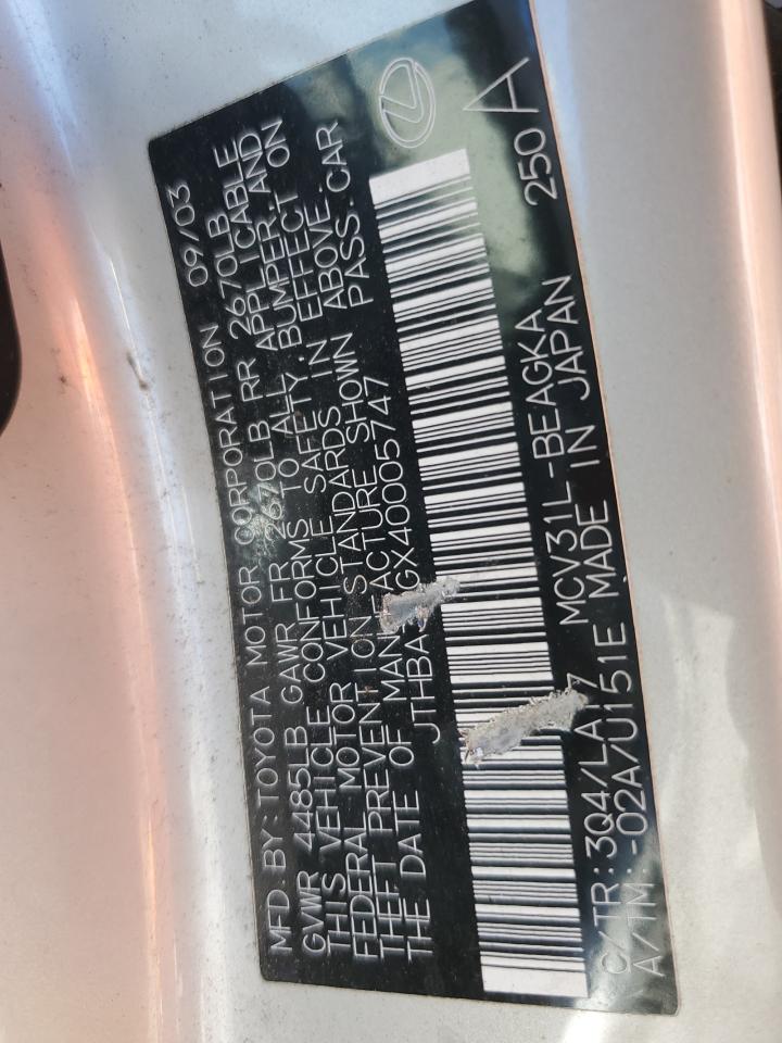 2004 Lexus Es 330 VIN: JTHBA30GX40005747 Lot: 67423004