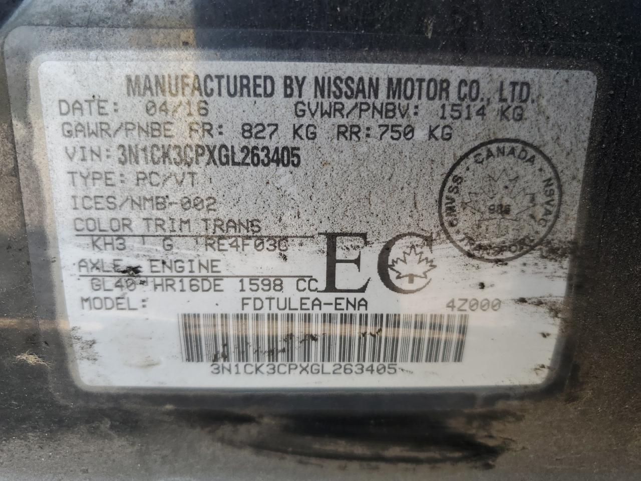 3N1CK3CPXGL263405 2016 Nissan Micra