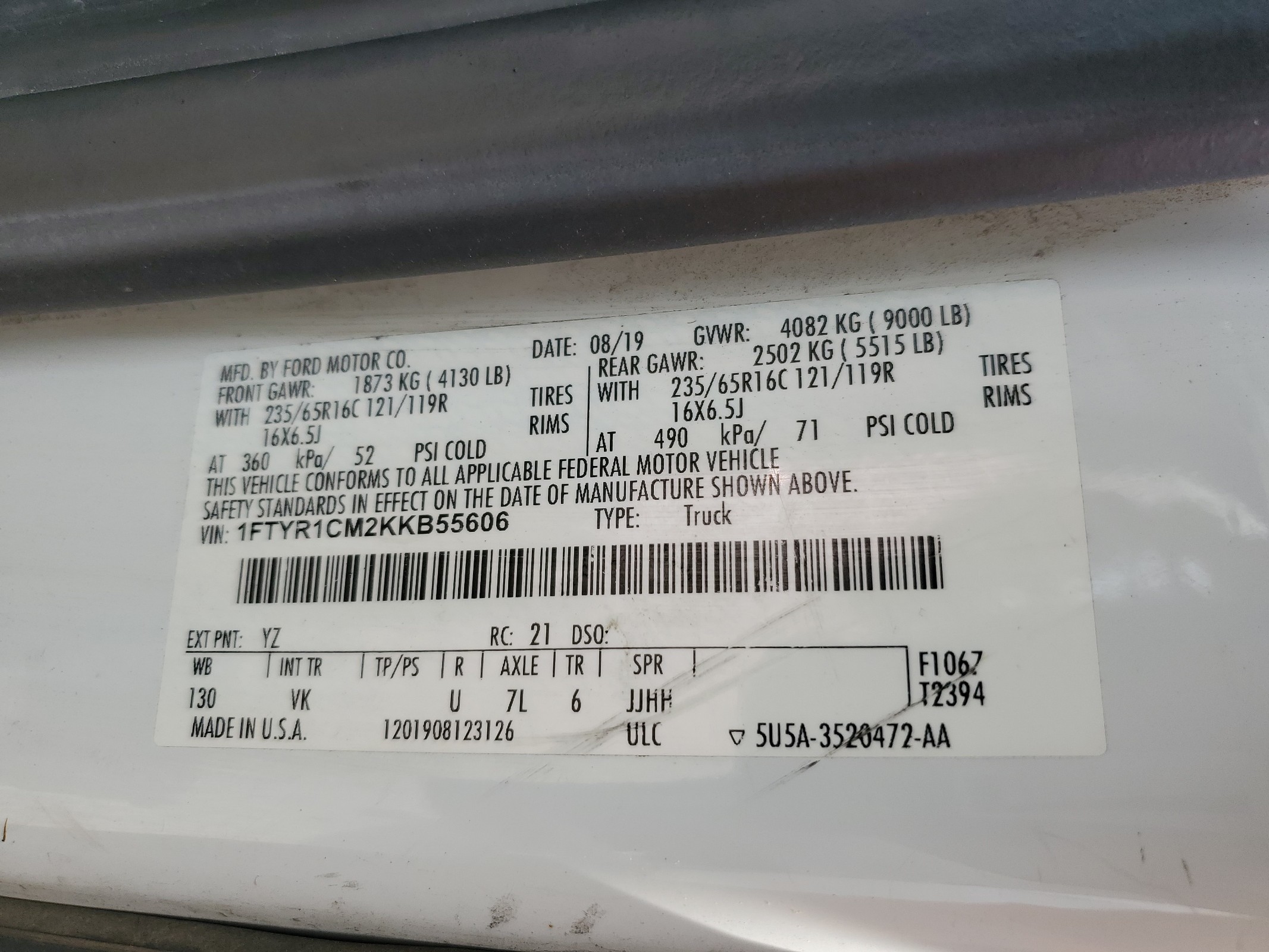 1FTYR1CM2KKB55606 2019 Ford Transit T-250