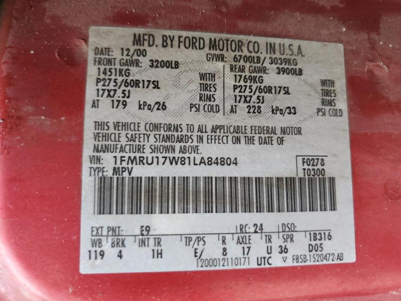 2001 Ford Expedition Eddie Bauer VIN: 1FMRU17W81LA84804 Lot: 65910414