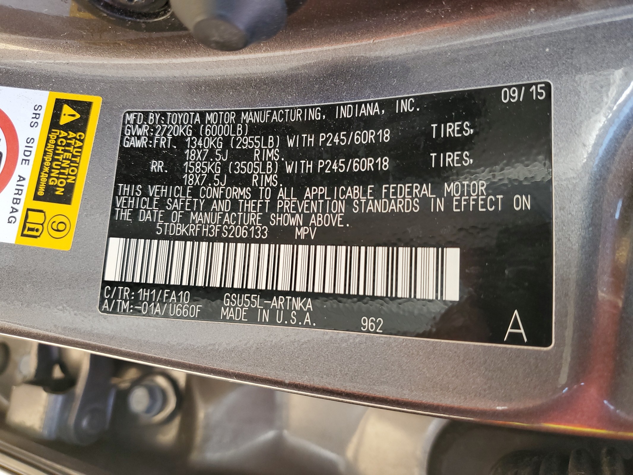 2015 Toyota Highlander Le vin: 5TDBKRFH3FS206133