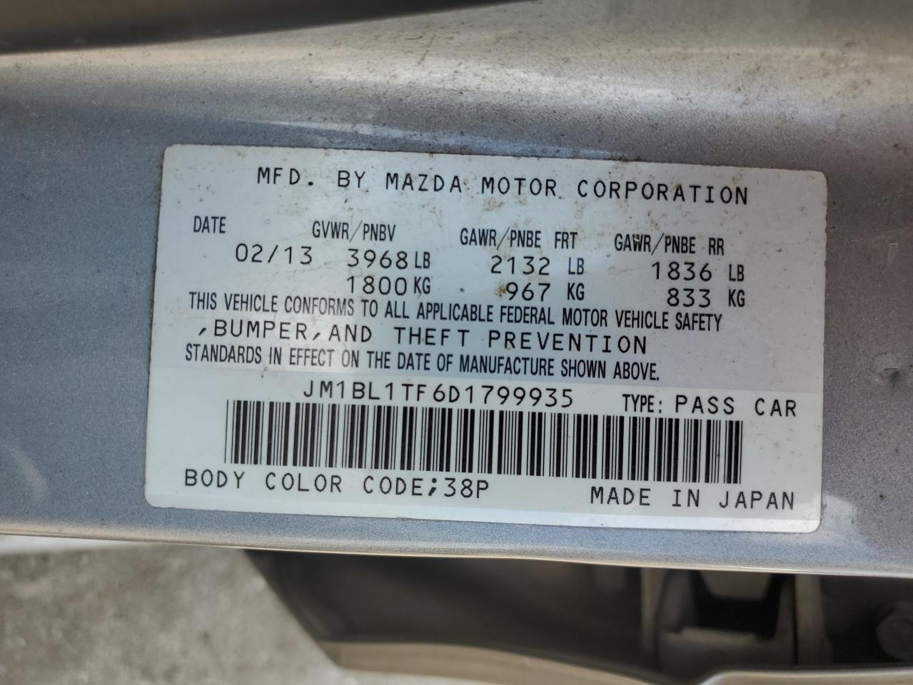 2013 Mazda 3 I VIN: JM1BL1TF6D1799935 Lot: 66661844