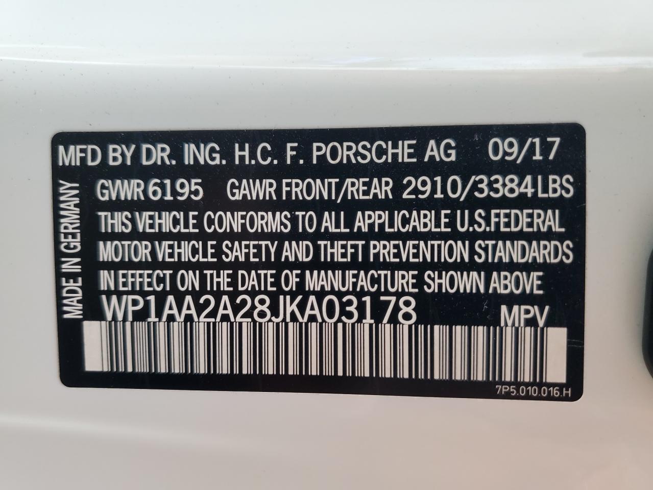 WP1AA2A28JKA03178 2018 Porsche Cayenne