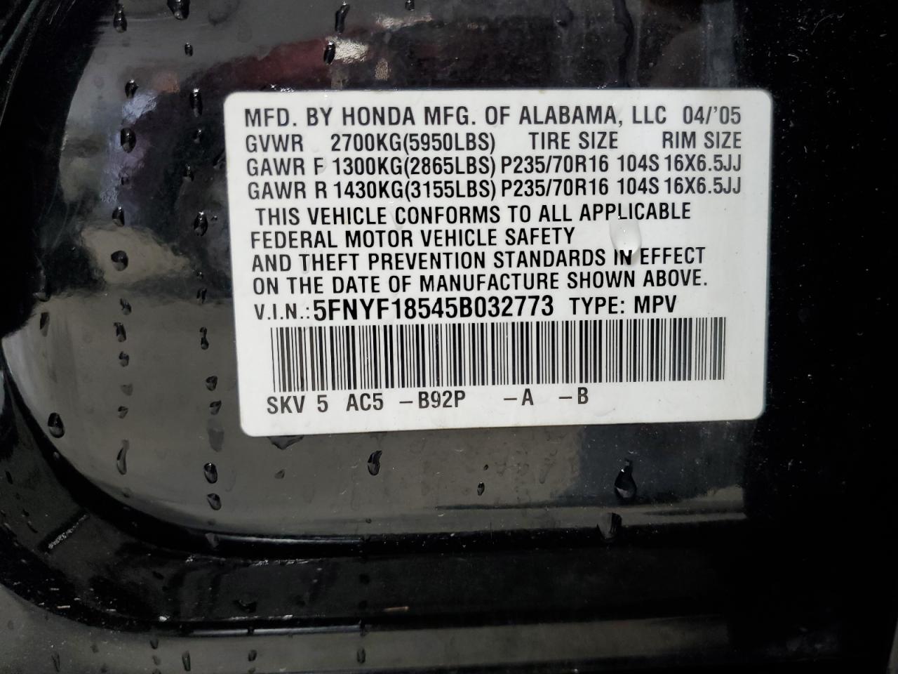 2005 Honda Pilot Exl VIN: 5FNYF18545B032773 Lot: 64982734