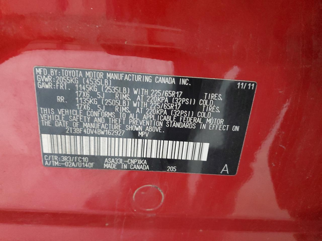 2011 Toyota Rav4 VIN: 2T3BF4DV4BW162927 Lot: 67184234