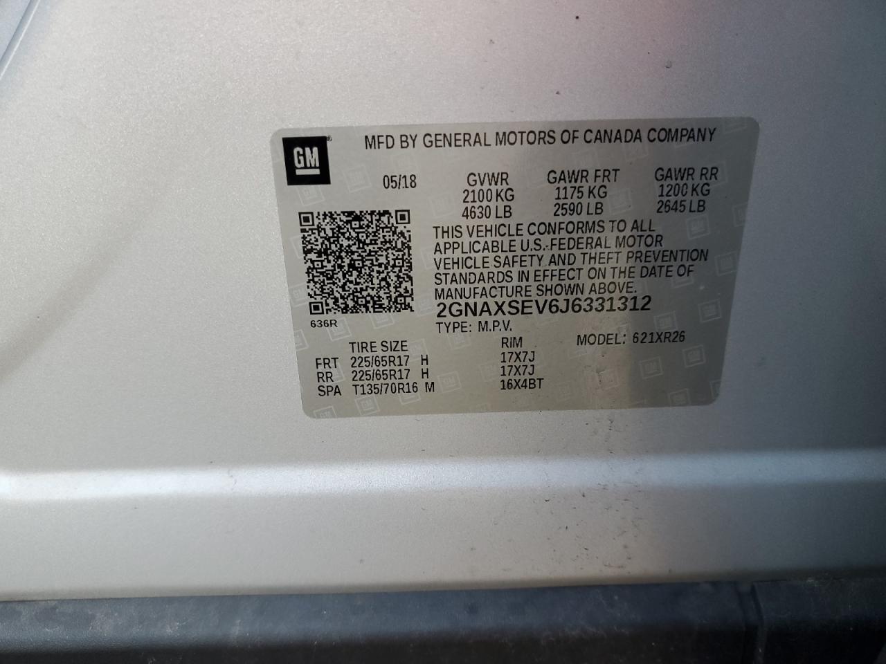 2GNAXSEV6J6331312 2018 Chevrolet Equinox Lt