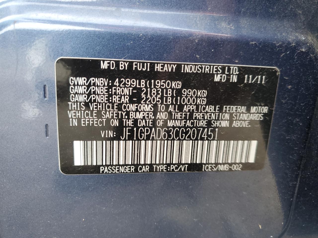 JF1GPAD63CG207451 2012 Subaru Impreza Premium