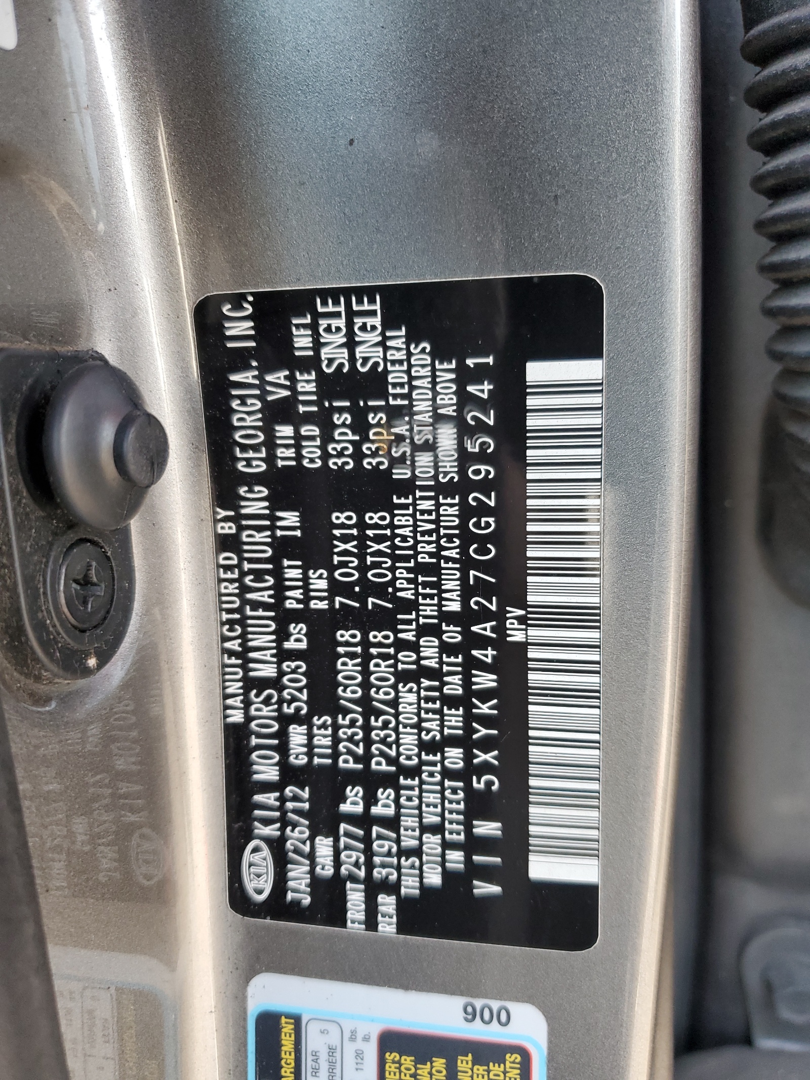 5XYKW4A27CG295241 2012 Kia Sorento Sx