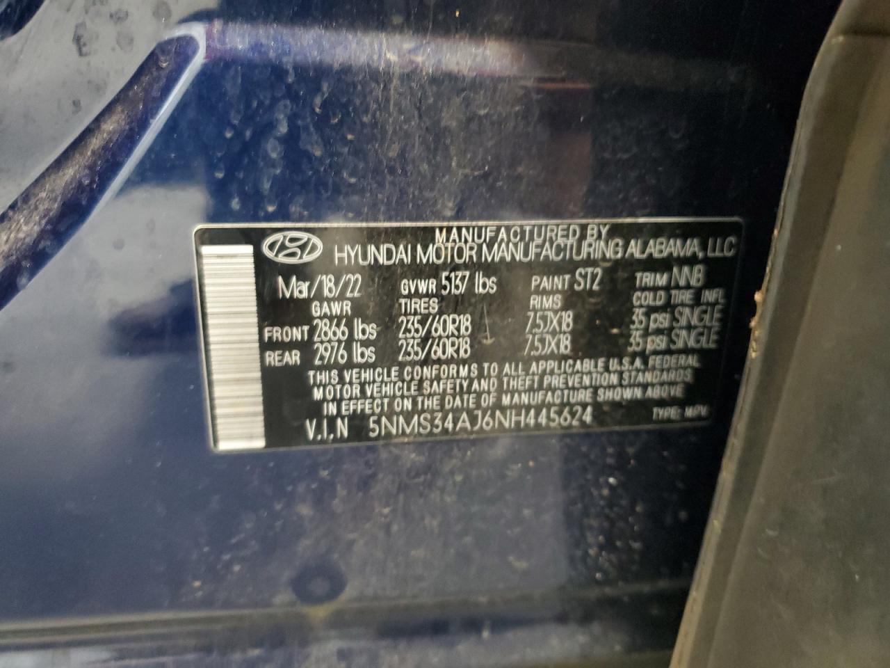 5NMS34AJ6NH445624 2022 Hyundai Santa Fe Sel