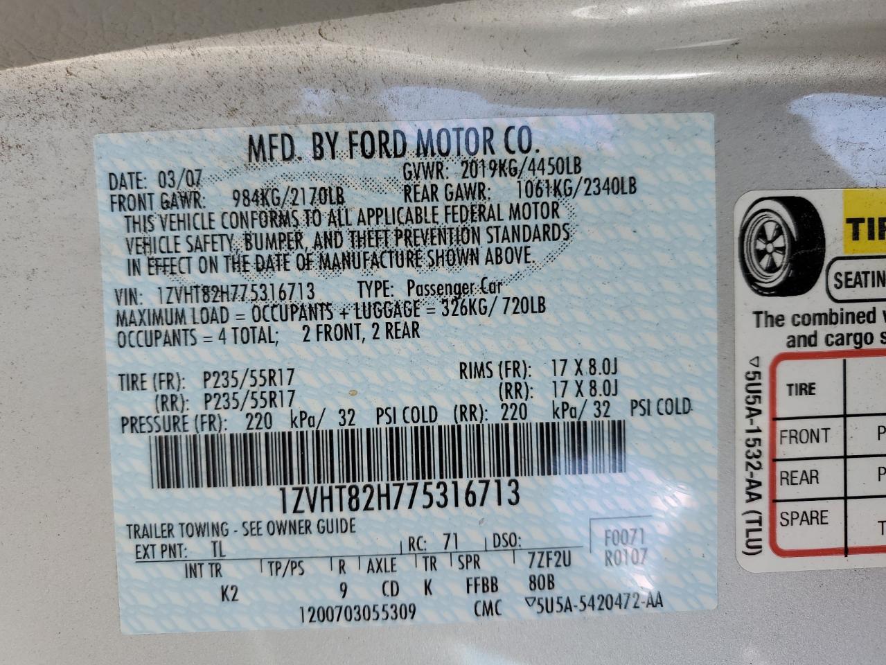 2007 Ford Mustang Gt VIN: 1ZVHT82H775316713 Lot: 65279544