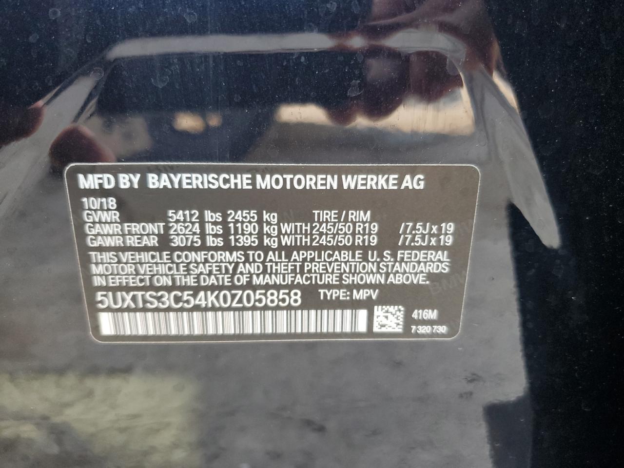 2019 BMW X3 xDrivem40I VIN: 5UXTS3C54K0Z05858 Lot: 64566304