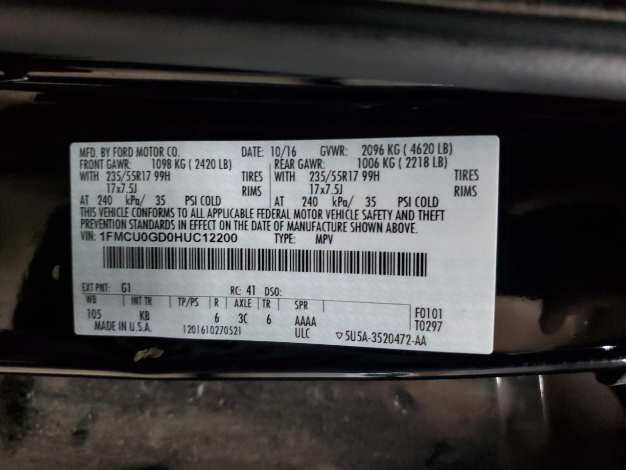 2017 Ford Escape Se VIN: 1FMCU0GD0HUC12200 Lot: 66846084