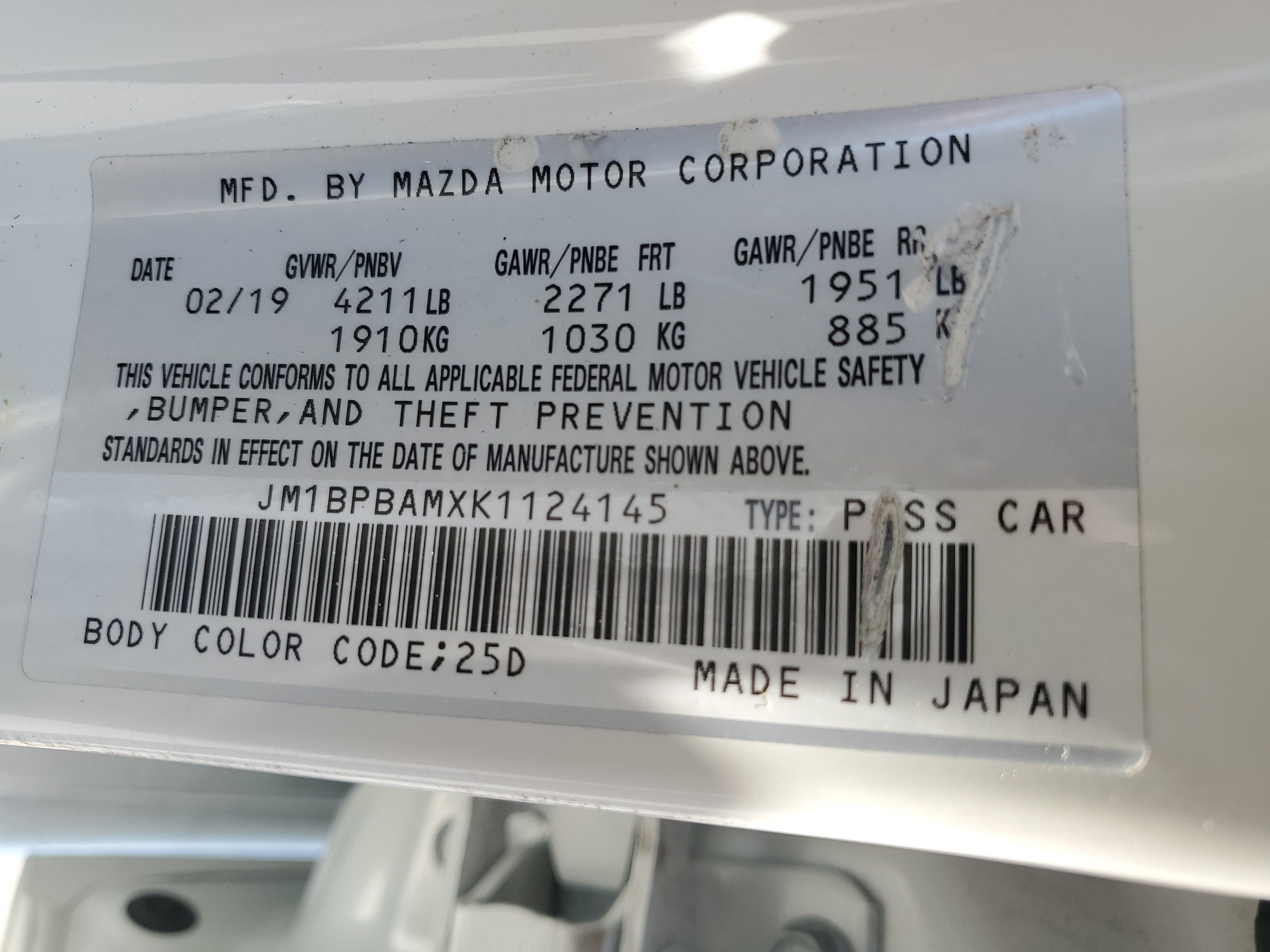 JM1BPBAMXK1124145 2019 Mazda 3 Select