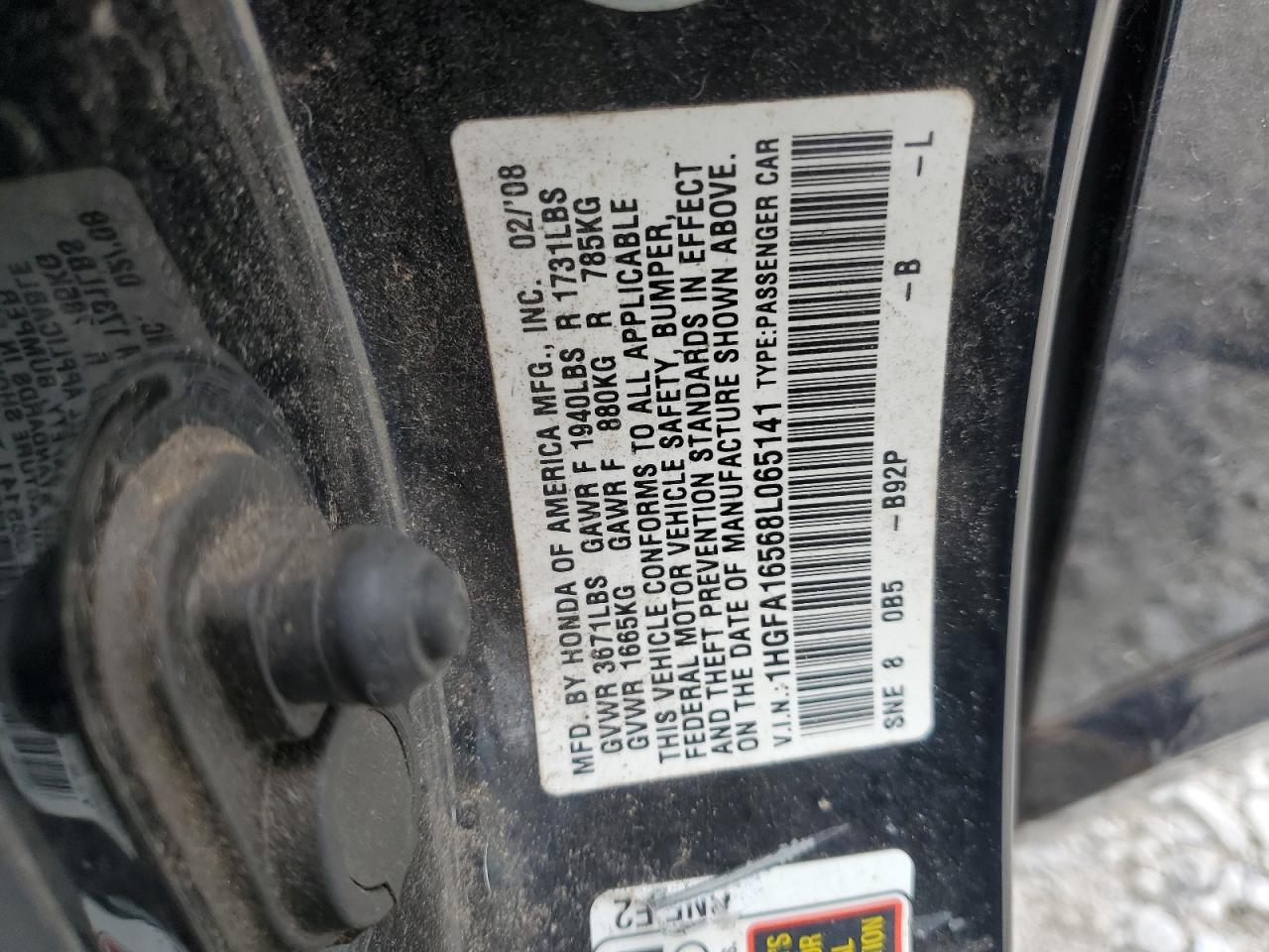 2008 Honda Civic Lx VIN: 1HGFA16568L065141 Lot: 79017564