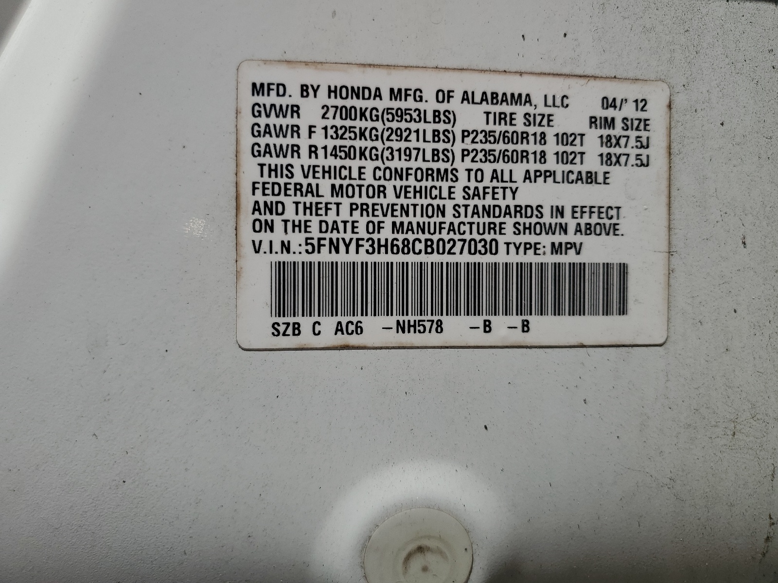 5FNYF3H68CB027030 2012 Honda Pilot Exl