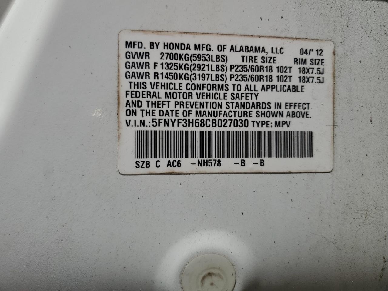 2012 Honda Pilot Exl VIN: 5FNYF3H68CB027030 Lot: 66808474