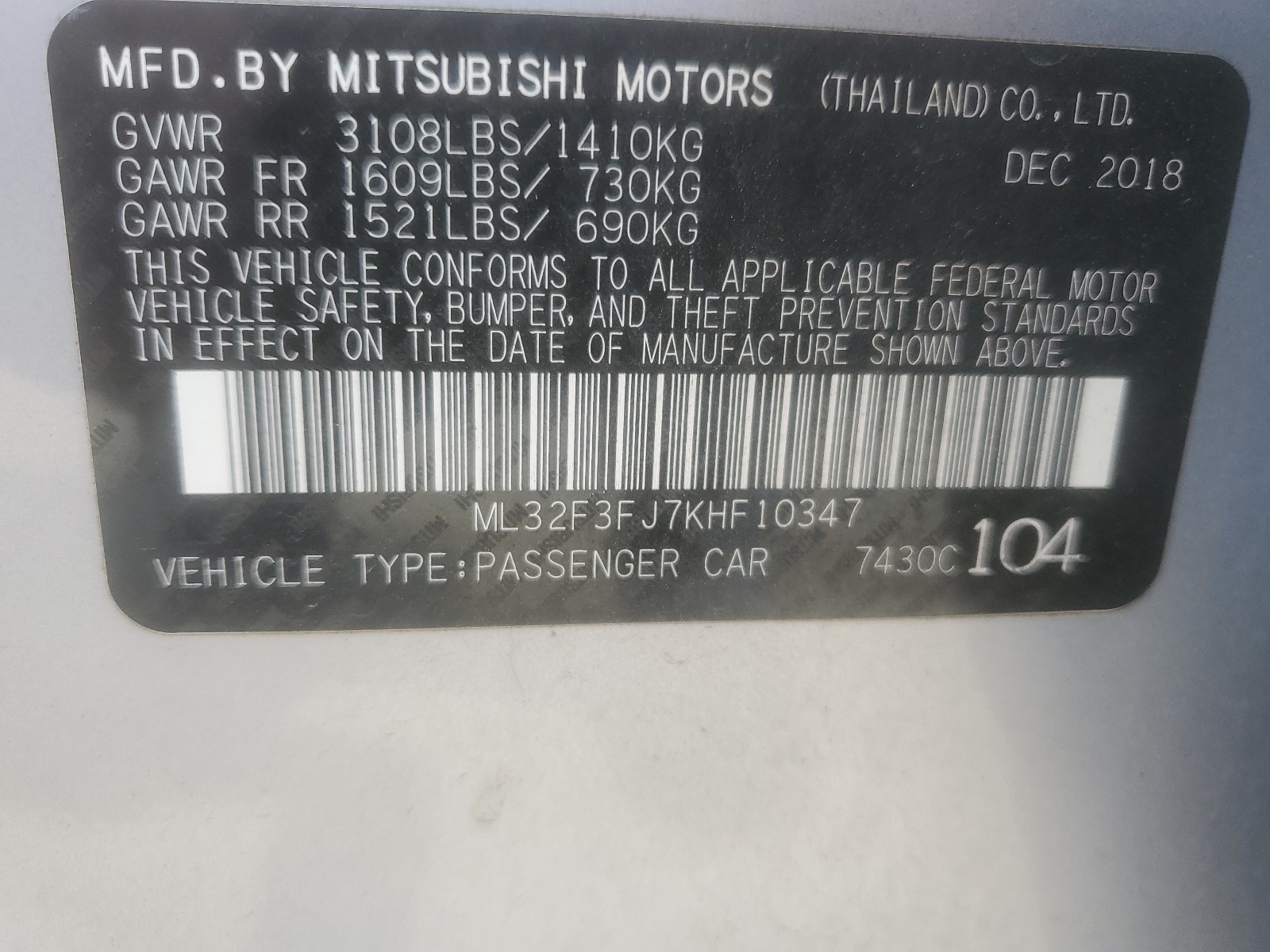 ML32F3FJ7KHF10347 2019 Mitsubishi Mirage G4 Es