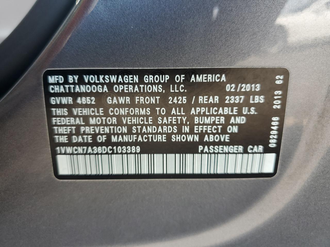 2013 Volkswagen Passat Sel VIN: 1VWCN7A36DC103389 Lot: 65605164