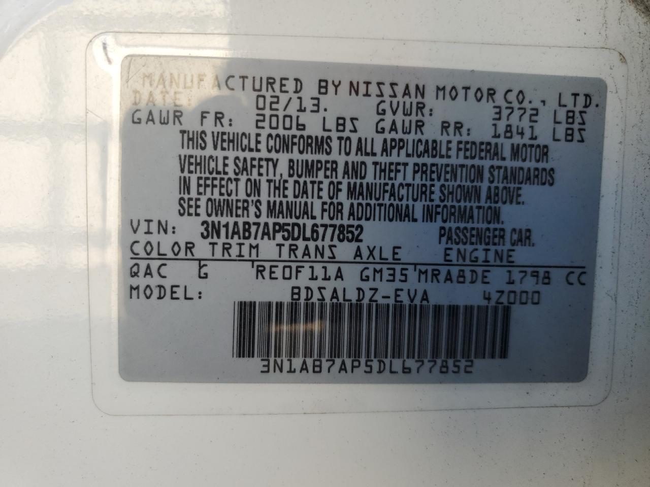 3N1AB7AP5DL677852 2013 Nissan Sentra S