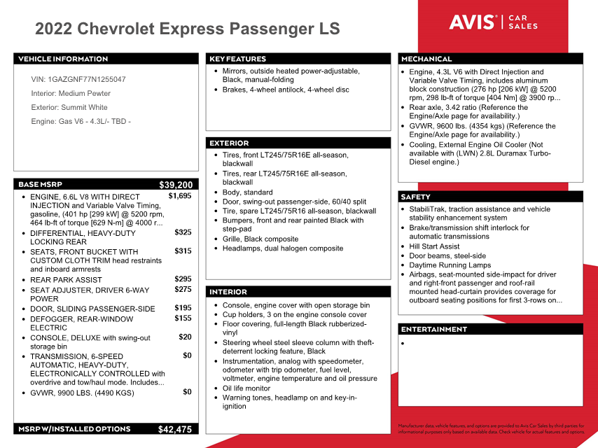 1GAZGNF77N1255047 2022 Chevrolet Express G3500 Ls