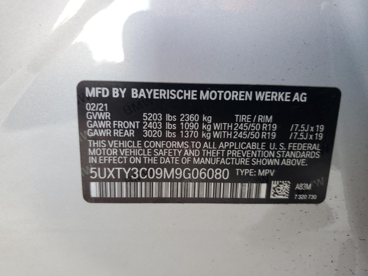 2021 BMW X3 Sdrive30I VIN: 5UXTY3C09M9G06080 Lot: 67043054