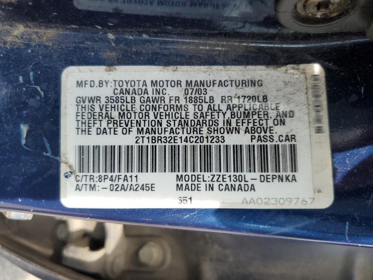 2004 Toyota Corolla Ce VIN: 2T1BR32E14C201233 Lot: 68299834