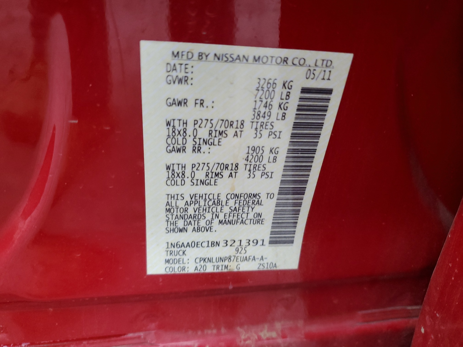 1N6AA0EC1BN321391 2011 Nissan Titan S