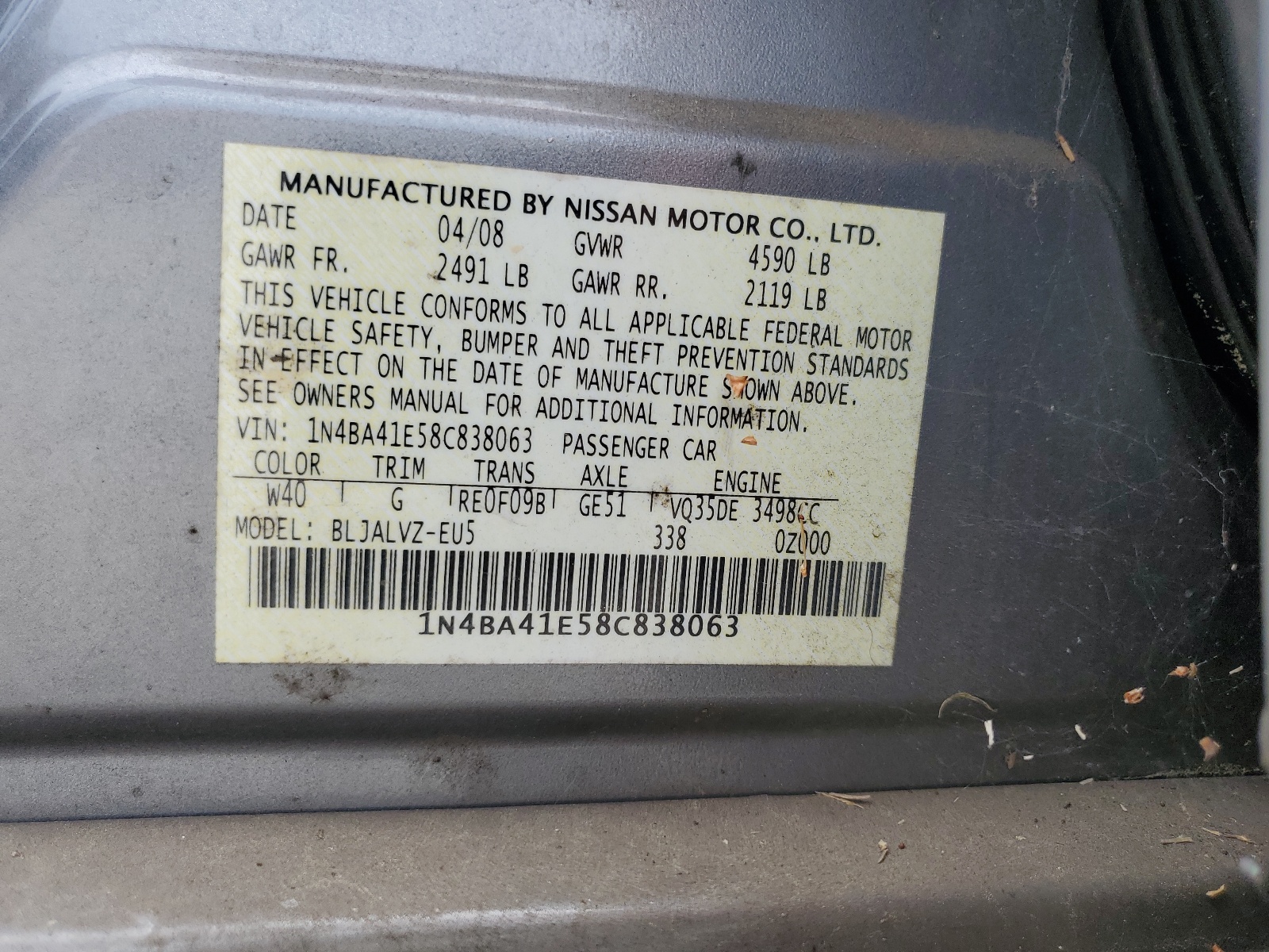 1N4BA41E58C838063 2008 Nissan Maxima Se