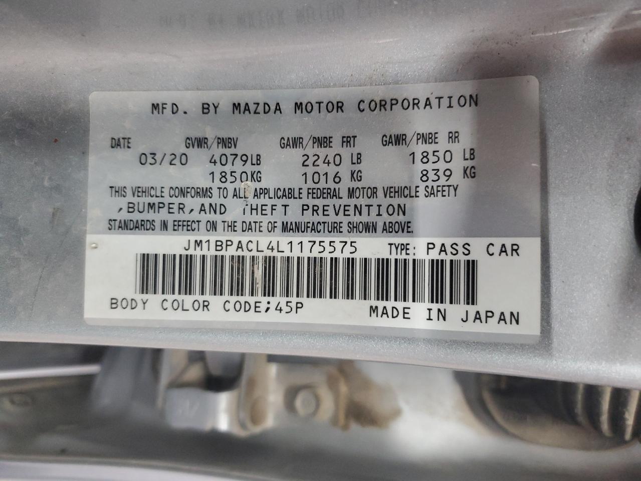 JM1BPACL4L1175575 2020 Mazda 3 Select