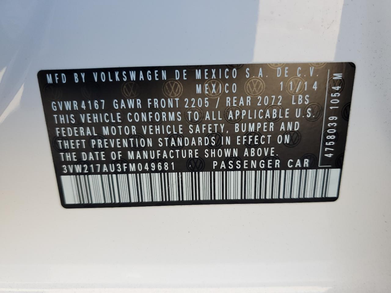 2015 Volkswagen Golf VIN: 3VW217AU3FM049681 Lot: 67536734