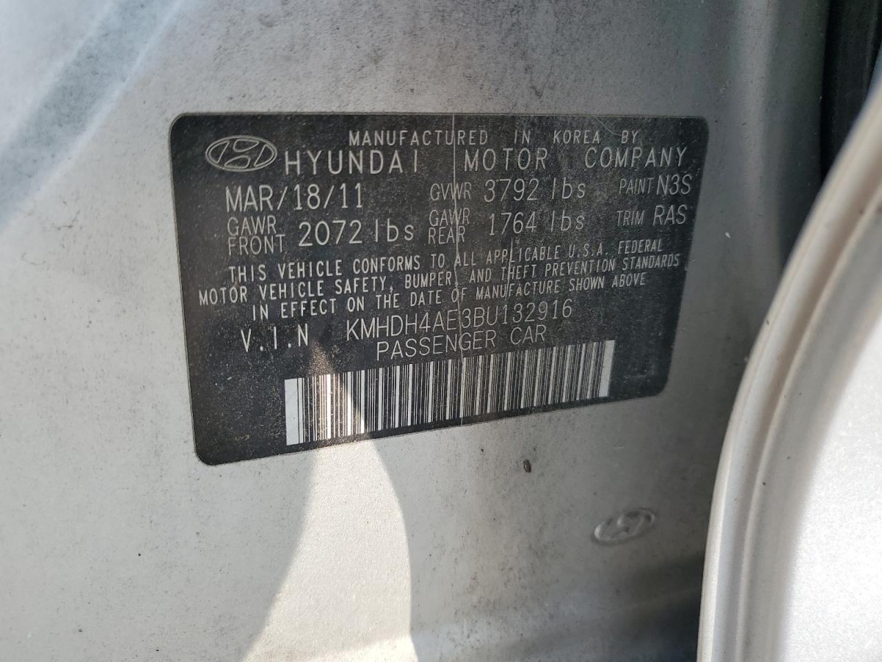 KMHDH4AE3BU132916 2011 Hyundai Elantra Gls