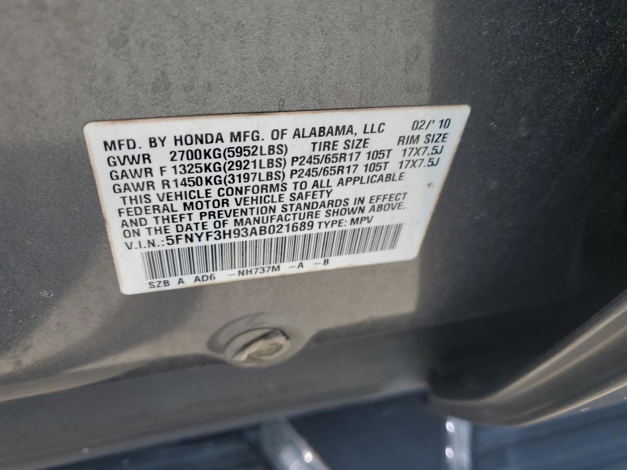 2010 Honda Pilot Touring VIN: 5FNYF3H93AB021689 Lot: 65752534