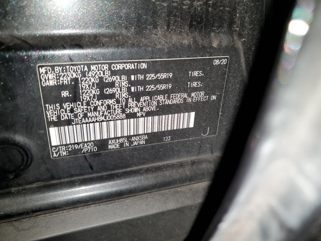 Auction sale of the 2021 TOYOTA VENZA , vin: JTEAAAAH8MJ005888, lot number: 67568384