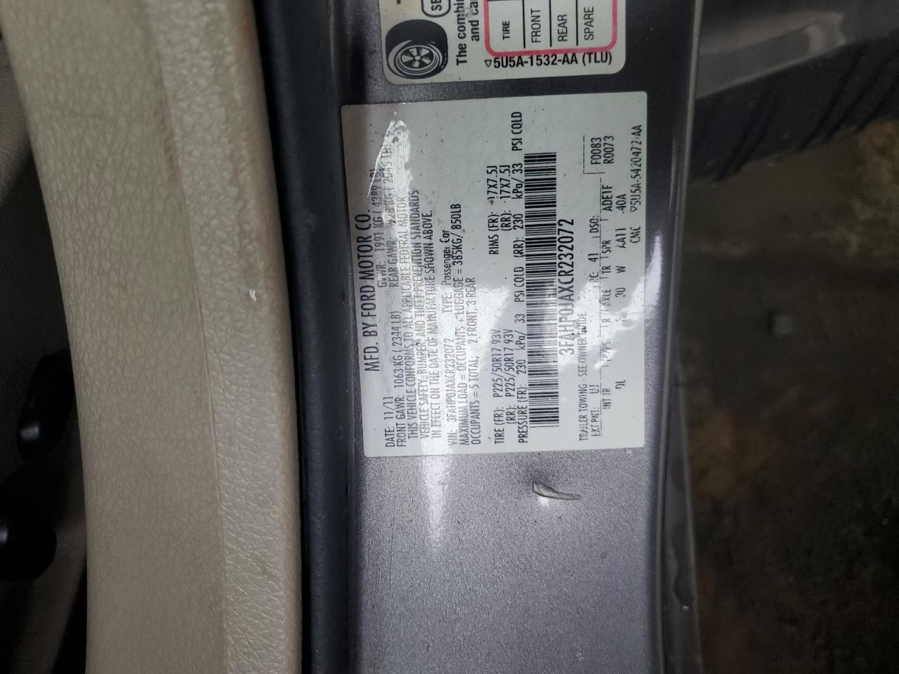 2012 Ford Fusion Sel VIN: 3FAHP0JAXCR232072 Lot: 66319994