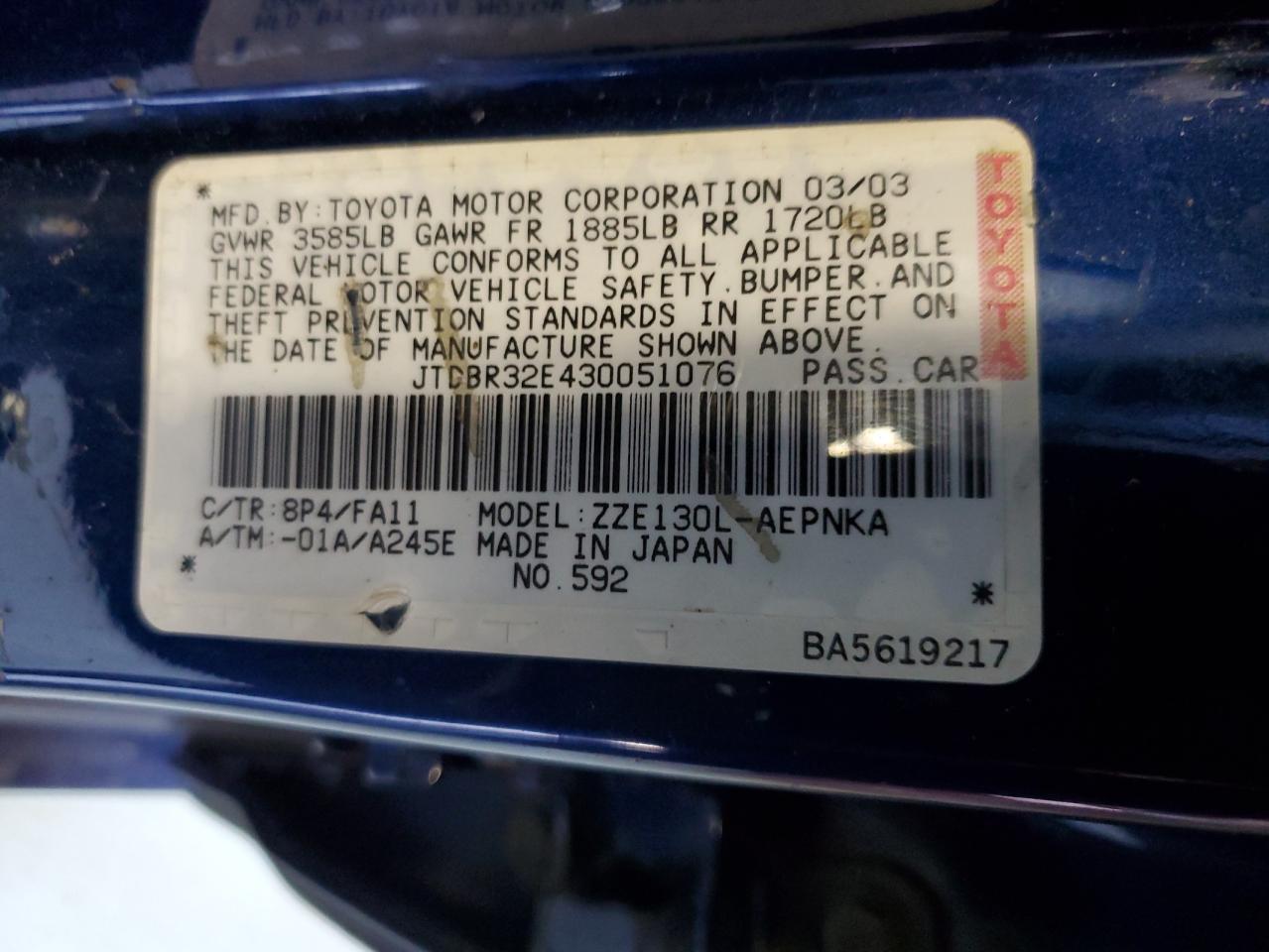 2003 Toyota Corolla Ce VIN: JTDBR32E430051076 Lot: 68599944