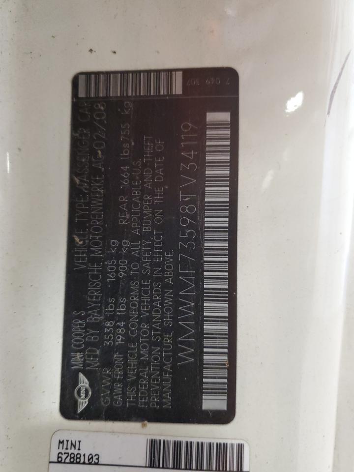 2008 Mini Cooper S VIN: WMWMF73598TV34119 Lot: 65811864