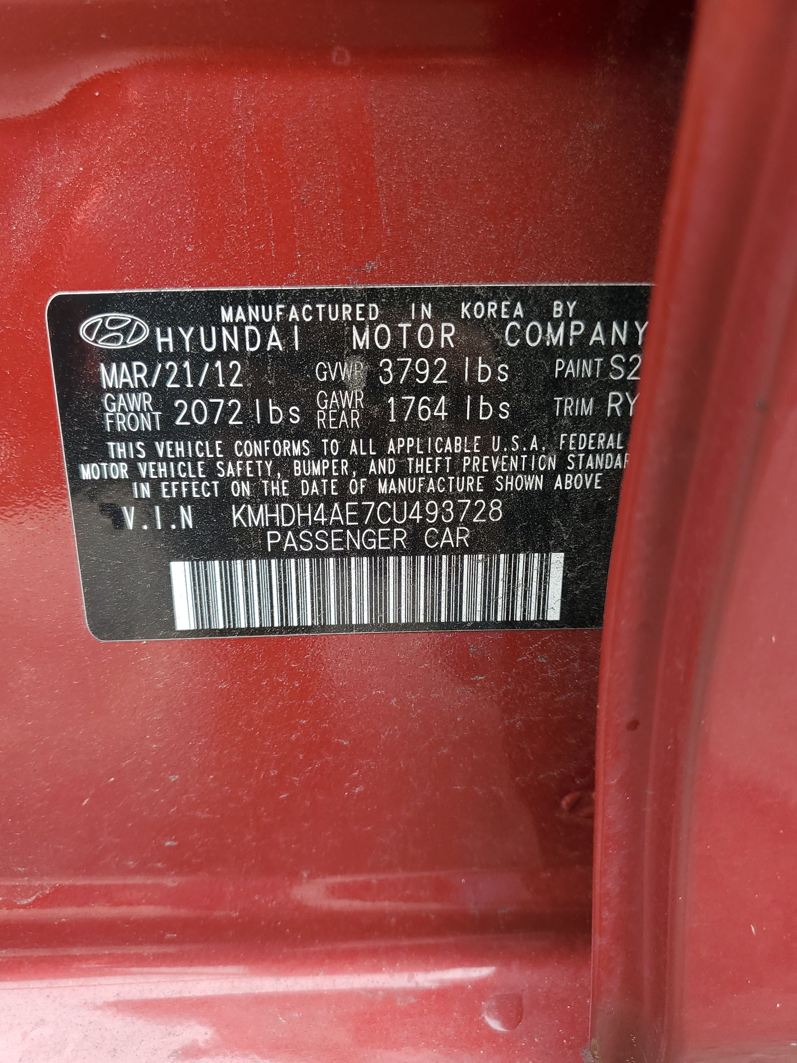 KMHDH4AE7CU493728 2012 Hyundai Elantra Gls