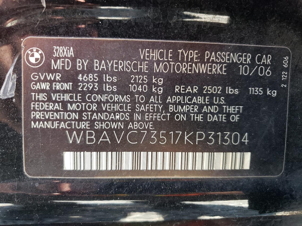 2007 BMW 328 Xi Sulev VIN: WBAVC73517KP31304 Lot: 65108484