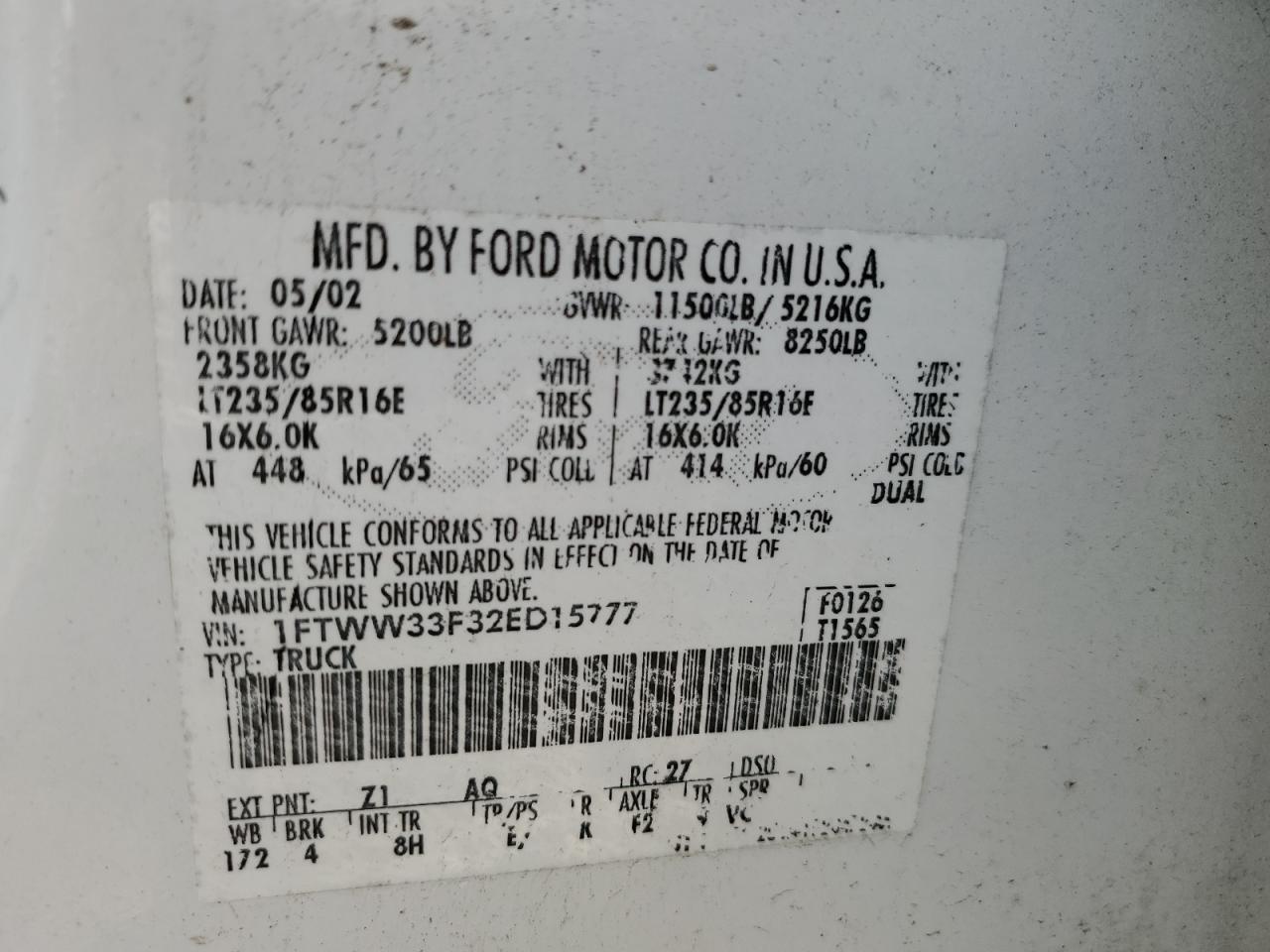 2002 Ford F350 Super Duty VIN: 1FTWW33F32ED15777 Lot: 66169844