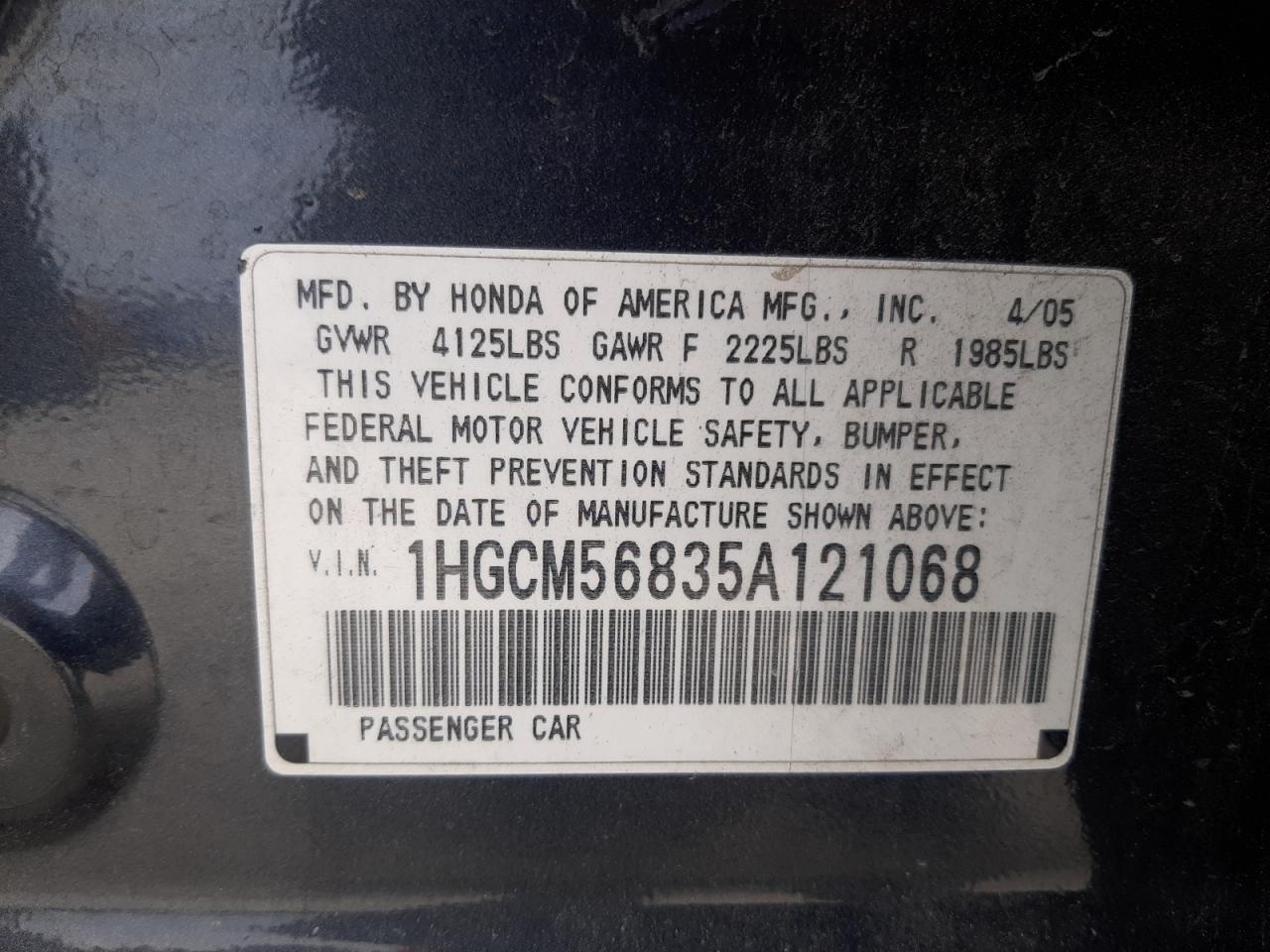 2005 Honda Accord Ex VIN: 1HGCM56835A121068 Lot: 65266454