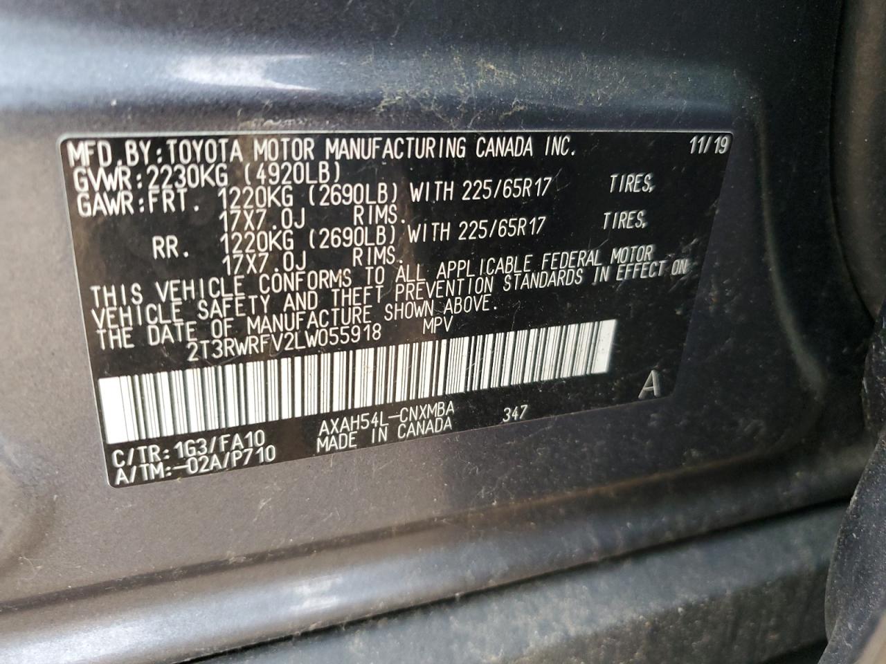 2T3RWRFV2LW055918 2020 Toyota Rav4 Xle